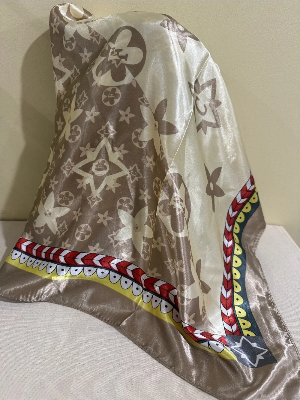 Monogram Satin Scarf with Multicolor Braid Border